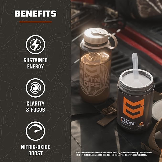 MTN OPS Ignite Energy Drink Powder, Gluten Free Nootropic Supplement Drink Mix, L Arginine, L Citrulline, Caffeine & Nootropic Sugar Free Drink Mix, 45 Servings, Bugle Berry