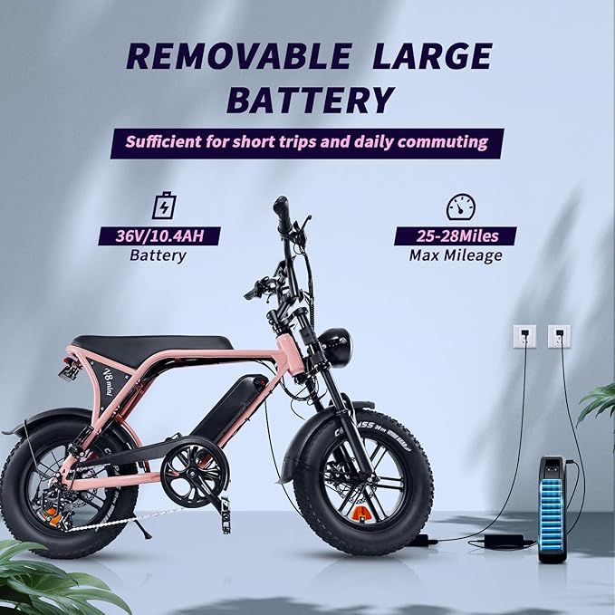 Electric Bike for Adults, Fat Tire EBike, 36V 10.4Ah Removable Battery, 500W Upgrade Motor, 20MPH Commuter Bike, V8 Mini Electric Bicycle for Mountains, Snow, Sand, Road