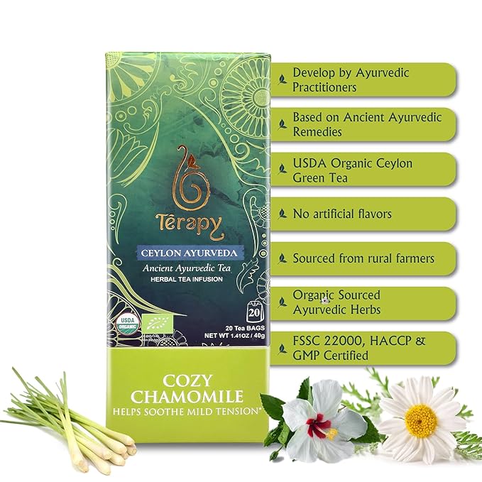 Tรฉrapy Ceylon CHAMOMILE TEA | USDA Organic Herbal Tea Bags | 100% Natural Ayurvedic Ingredients including Organic Chamomile, Ashwagandha, Cinnamon & Licorice| 20 Individually Wrapped Tea Bags