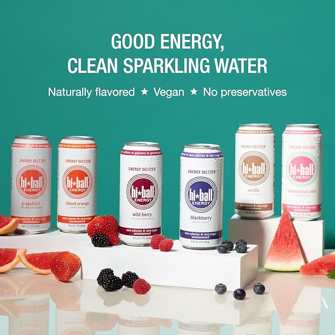 Hiball Clean Energy Drink - Watermelon Mint - Zero Sugar, Zero Calorie Sparkling Water with 160mg Organic Caffeine, 50mg Organic Ginseng, 50mg Organic Guarana and B Vitamins - 16 fl oz (8-Pack)