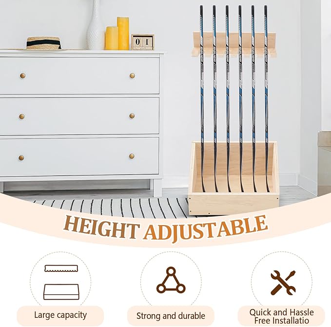 Leinuosen Hockey Stick Holder Wall Mounted and Vertical 2 in 1 Wooden Ice Hockey Rack Organizer Storage and Display Large Capacity Organizer Holds up to Sticks for Player Gifts