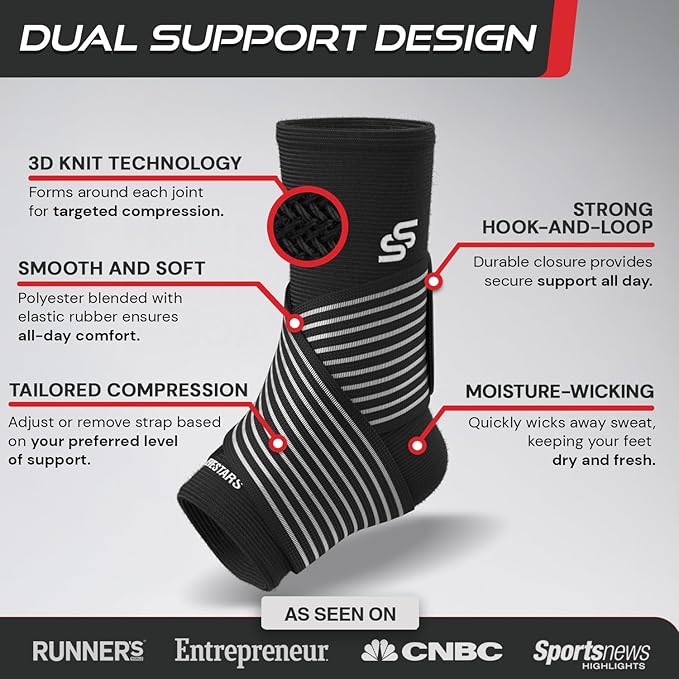 Sleeve Stars Ankle Brace for Women & Men, Ankle Wrap for Sprained Ankle, Compression Sleeve for Plantar Fasciitis Relief, Easy Customizable Support: w/Removable Strap (Single/S:9"-10"/Black)