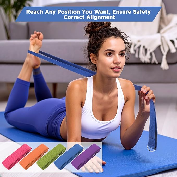 10 Pcs Yoga Strap 8ft Yoga Stretching Exercise Band Stretching Belt with Adjustable Metal D Ring Buckle Loop for Pilates, Dance, Physical Therapy, Gym Workout