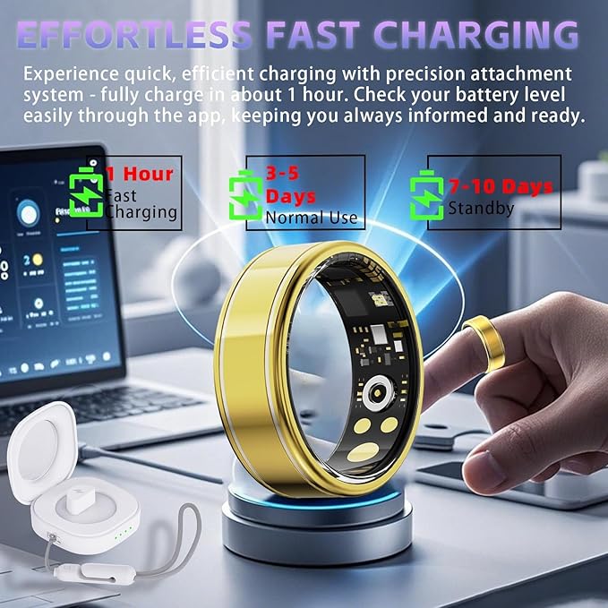 Smart Rings for Women Men – Fitness Tracker Ring with Heart Rate, SpO2, Blood Pressure, Sleep Monitoring, Step & Calorie Counter, No Subscription Fee, 5ATM Waterproof, iOS & Android (Gold 8)