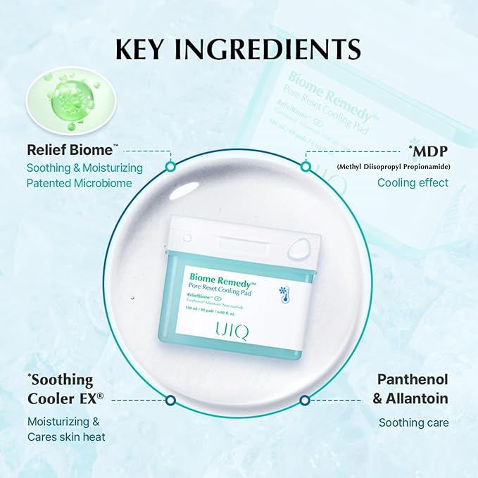 UIQ Biome Remedy Pore Reset Cooling Pad, Hydrating & Cooling Korean Toner Pads, Instant Cooling for Dry, Overheated skin, Pore Care with Panthenol, Allantoin, Niacinamide 80 Pads, 6.08 fl. oz.