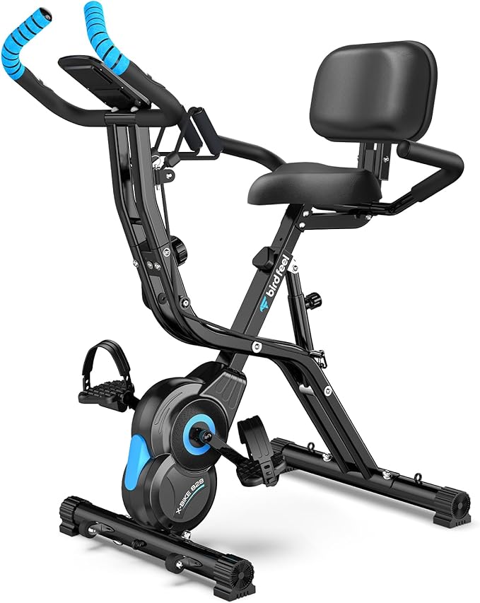 Foldable Exercise Bike, Multifunctional Indoor Stationary Bikes for Home with 8-Level Magnetic Resistance, Quiet Workout Bike with Arm Resistance Bands, LCD Monitor, 300LBS Capacity