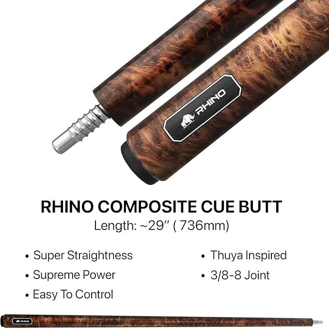 RHINO G-w Series Pool Cue - Amboyna, Bocote, Ebony, Snakewood, Thuya - 3/8-8 Joint - 12.5 mm Tip Diameter