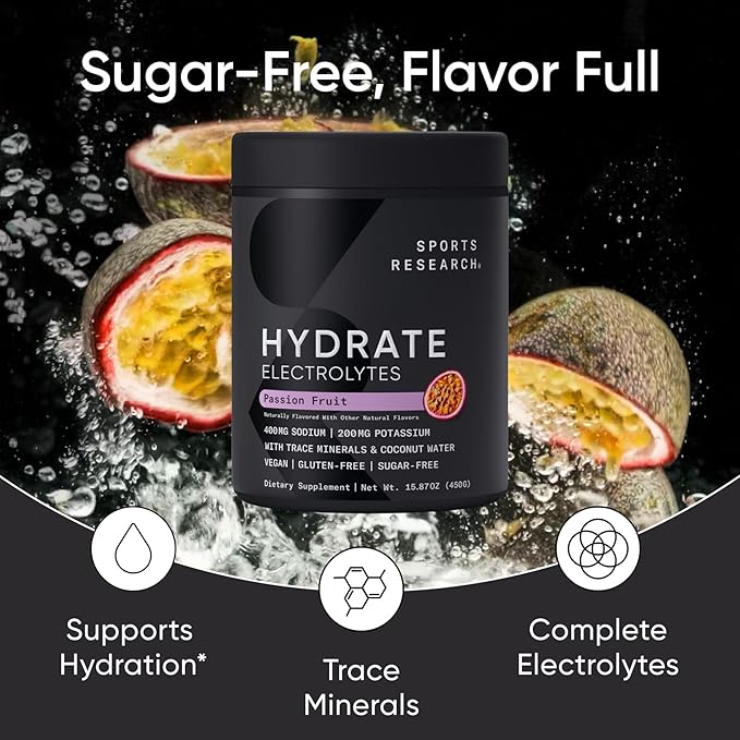 Sports Research® Hydrate Electrolytes Powder - Sugar-Free & Naturally Flavored with Vitamins, Minerals, and Coconut Water - Supports Hydration - Passion Fruit - 90 Servings