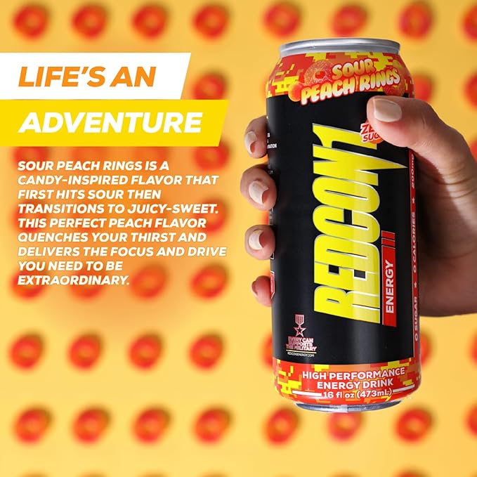 REDCON1 Energy High Performance Drink, Sour Peach Rings - Zero Sugar Energy Drink with Alpha GPC Nootropic - 200mg Natural Caffeine from Green Coffee Beans - Vitamin B6, B12 & B5 to Boost Mood (12 ct)