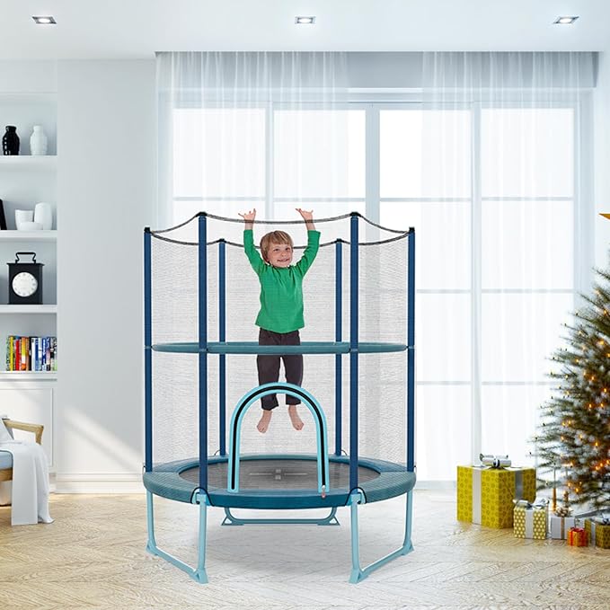 GYMAX 5FT Trampoline for Kids, ASTM Approved with Safety Net & Kitten Trapeze Rings, Indoor/Outdoor