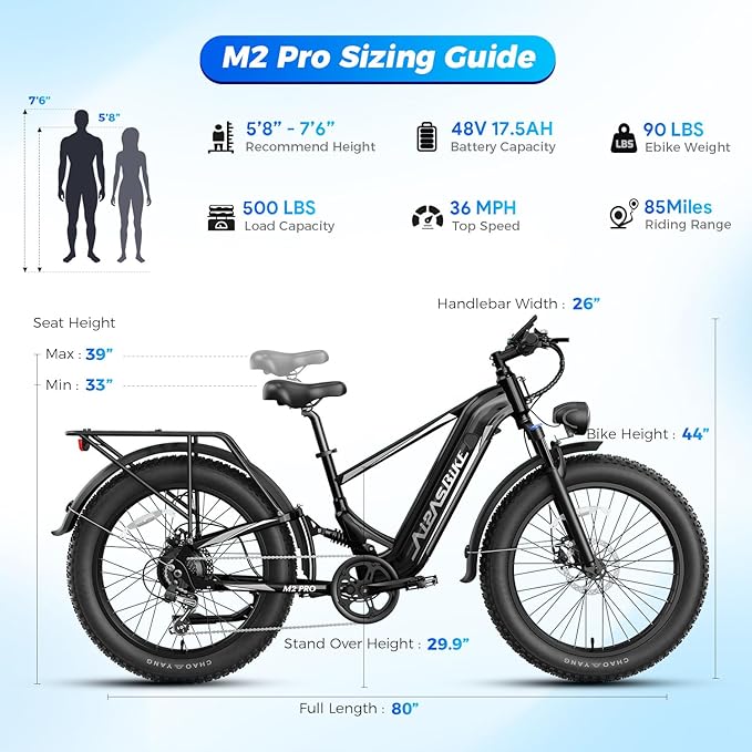 LEONX M2 Pro Electric Bike,1800W Motor Electric Bike for Adults, 26'' x 4.0'' Fat Tire Ebike with 48V 17.5AH Battery, 36MPH 85Miles Long Range Electric Mountain Bike, Up to 110 Nm
