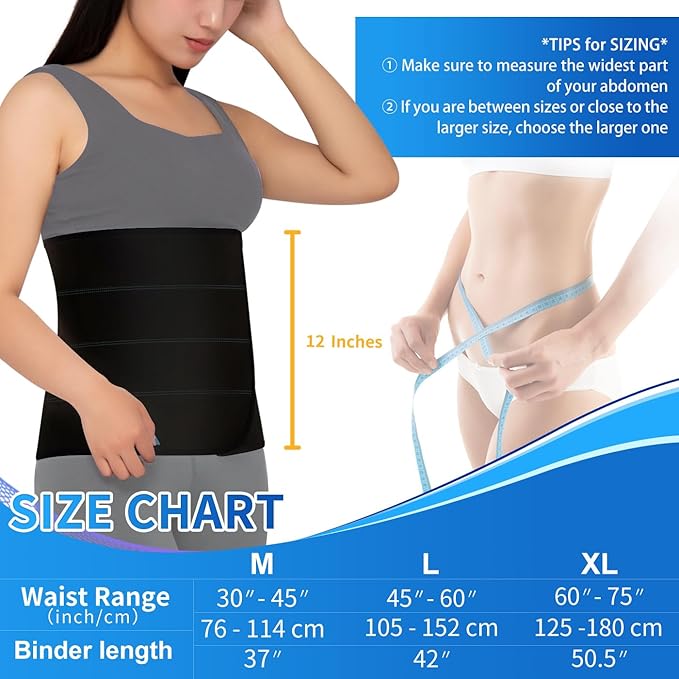 S Abdominal Binder Post Surgery for Men and Women, 12" High Postpartum Tummy Tuck Belt Provides Bariatric Stomach Compression, High Elasticity, Breathable - (30" - 45") 4 PANEL Black