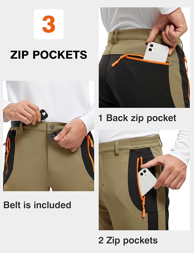 TBMPOY Men's Snow Ski Hiking Pants Waterproof Winter Fleece Lined Pants Camping Skiing Ice Fishing Pants with Belt