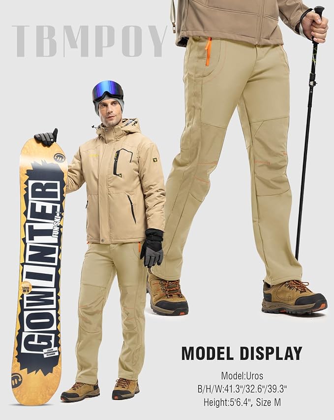 TBMPOY Men's Snow Ski Hiking Pants Waterproof Winter Fleece Lined Pants Camping Skiing Ice Fishing Pants with Belt