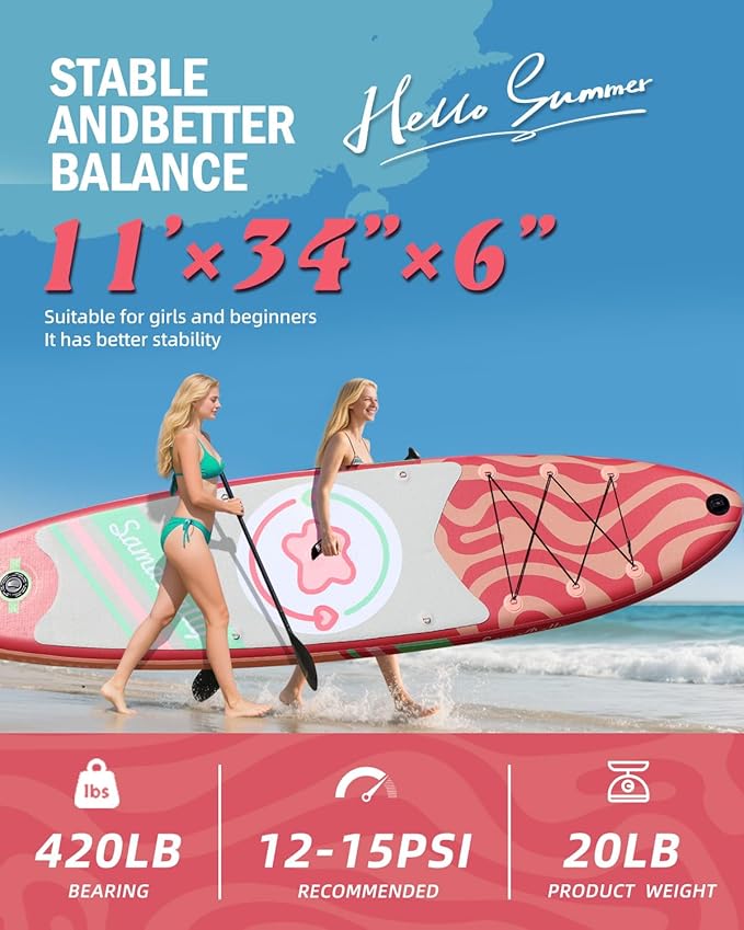 11'Stand Up Paddle Boards Surf Control with Premium SUP Board Accessories Backpack & Removable Fins, 34" Wide Inflatable Paddle Boards of All Skill Levels