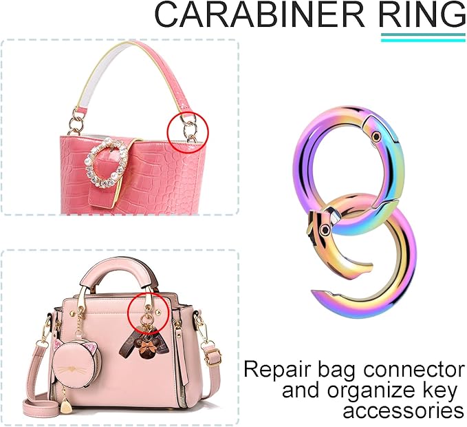 10Pack 3/4 Inch Round Carabiner, Metal Keychain Rings Spring O Ring for Purse Shoulder Bag Chain Ring Clip Replacement Paracord Keychain Lanyard Leather DIY Crafts (Rainbow)