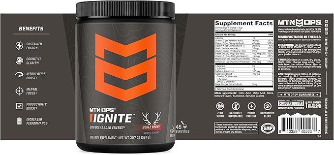 MTN OPS Ignite Energy Drink Powder, Gluten Free Nootropic Supplement Drink Mix, L Arginine, L Citrulline, Caffeine & Nootropic Sugar Free Drink Mix, 45 Servings, Bugle Berry