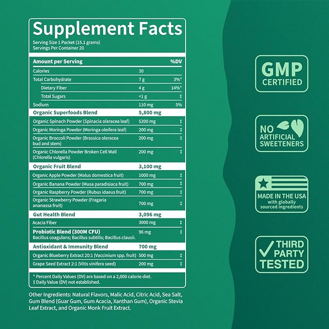 Supergreens Superfood Drink Mix with Chlorella, Moringa, Spinach, Broccoli, Digestive Enzymes, and Probiotics – Apple Pear Flavor, 20 Servings, Travel Pack