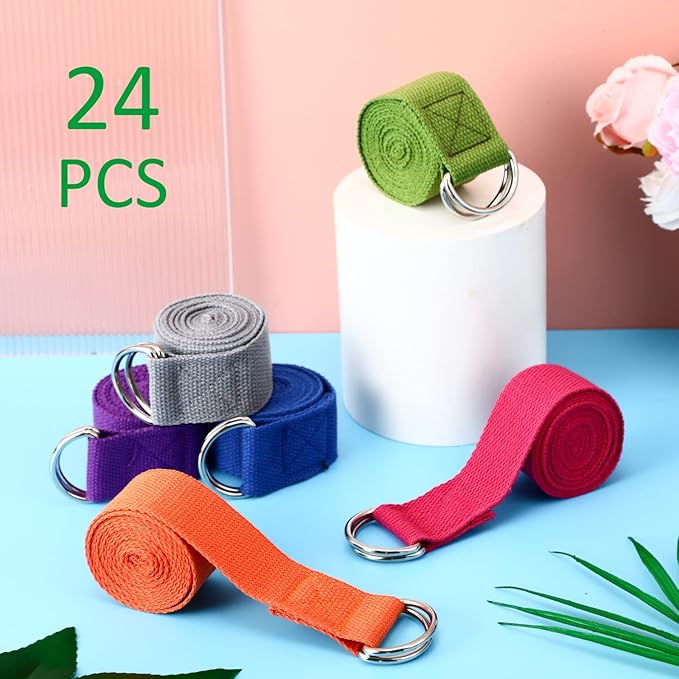 Leyndo 24 Pieces Yoga Strap Stretching Pilates Exercise Adjustable Straps 6 ft Non Elastic Yoga Belt with Adjustable D Ring Buckle for Pilates Gym Workouts Fitness