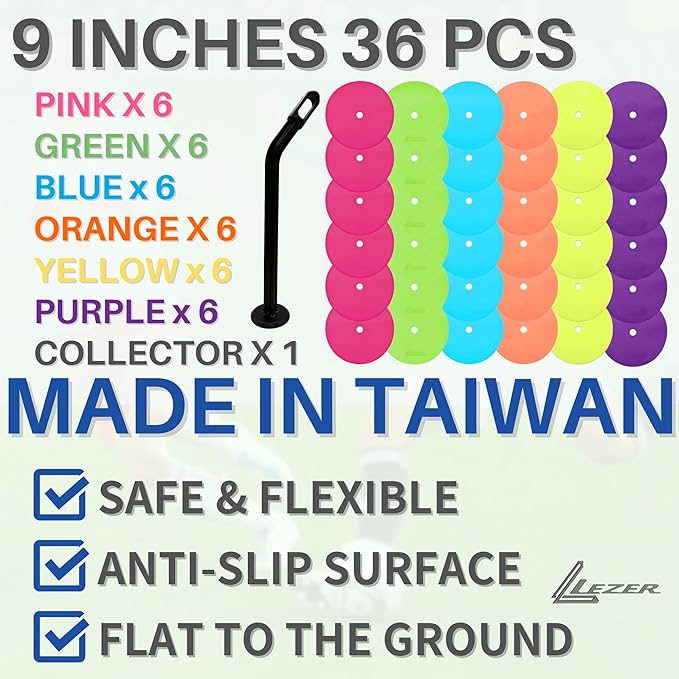 LEZER 9 Inch Flat Cones, Spot Markers, Soccer Cones, Field Court Markers, Sit Spots, Flat Discs, Soccer Training Equipment, Agility Practice, Football, Made in Taiwan