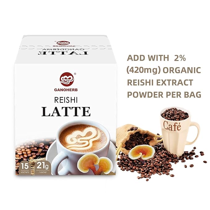 GANOHERB Reishi Mushroom Latte Coffee Powder, 4 in 1 Instant Arabica Coffee with Organic Ganoderma Lucidum Extract to Improve Appetite Stress Relief, Rich Taste Excellent Flavor, 11.1oz (15 Count)
