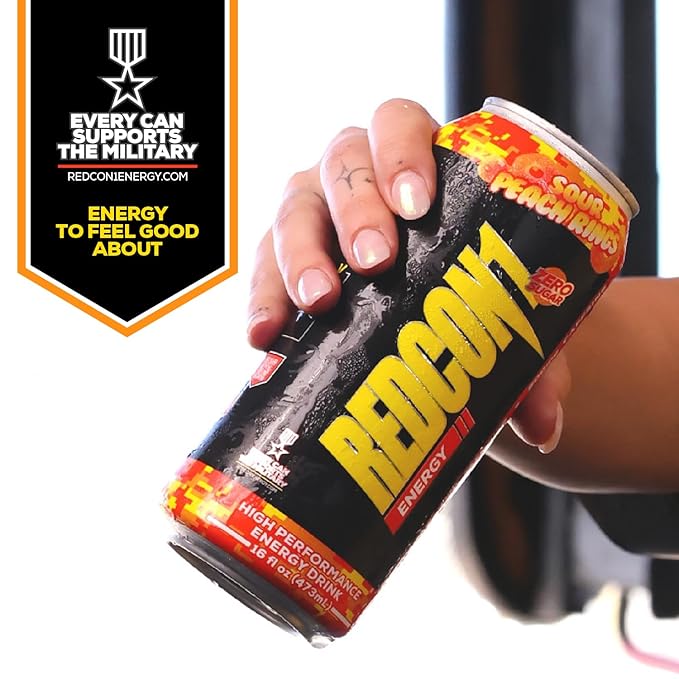 REDCON1 Energy High Performance Drink, Sour Peach Rings - Zero Sugar Energy Drink with Alpha GPC Nootropic - 200mg Natural Caffeine from Green Coffee Beans - Vitamin B6, B12 & B5 to Boost Mood (12 ct)