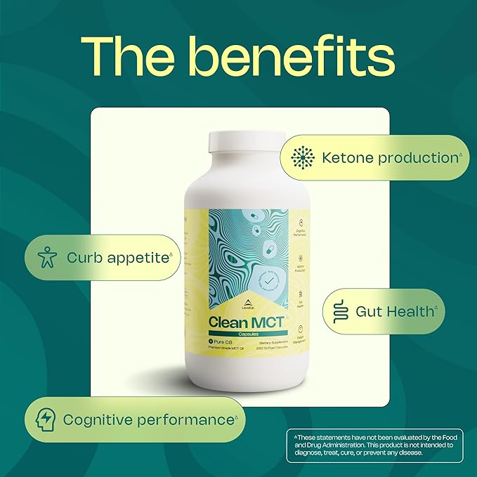 LevelUp Clean MCT Oil Capsules - 100% Caprylic C8 for Energy, Focus, Weight Management, Gut Health, Brain Superfuel - Keto Supplement for Ketogenic Diet and Ketones - Non-GMO (280 Count)