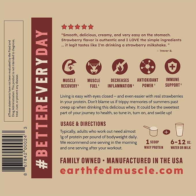 Earth Fed Muscle Strawberry Feels (Forever) – Irish Truly Grass‑Fed Whey Protein Isolate, No Sugar, Soy‑Free, Gluten‑Free (2 lb, 29 Servings, Strawberry)