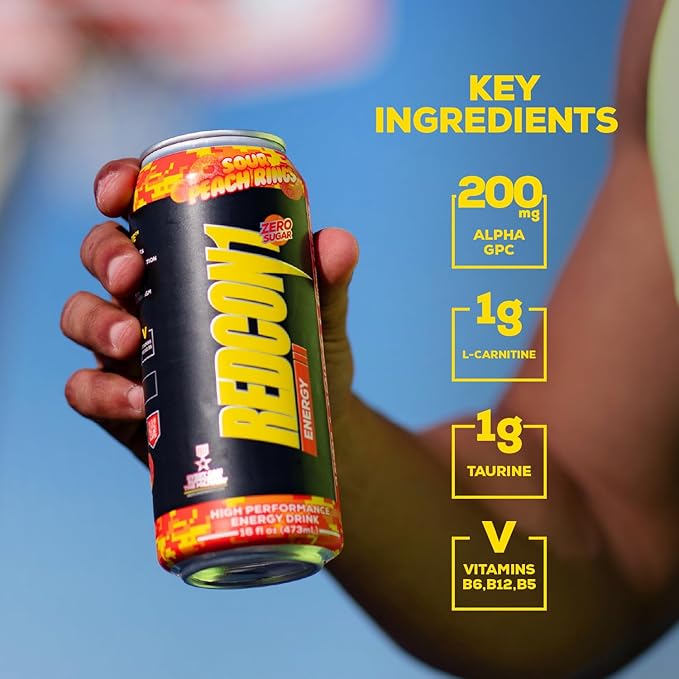 REDCON1 Energy High Performance Drink, Sour Peach Rings - Zero Sugar Energy Drink with Alpha GPC Nootropic - 200mg Natural Caffeine from Green Coffee Beans - Vitamin B6, B12 & B5 to Boost Mood (12 ct)