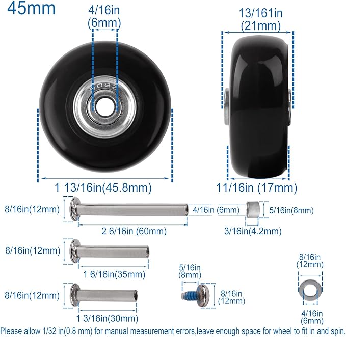Replacement Wheels for Luggage 45mm x 18mm Set of 4 Luggage Suitcase Replacement Wheels, Rubber Swivel Caster Wheels Bearings Repair Kits