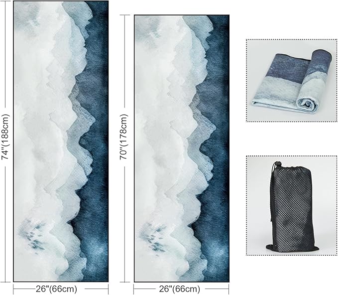 QiyI Yoga Mat Towel with Corner Pockets, Non Slip Sweat Absorbent Hot Yoga Towels, Soft Yoga Blankets with Travel Bag, Skidless Mat Cover for Workout, Gym, Fitness - 70"x26", Watercolor Mountain