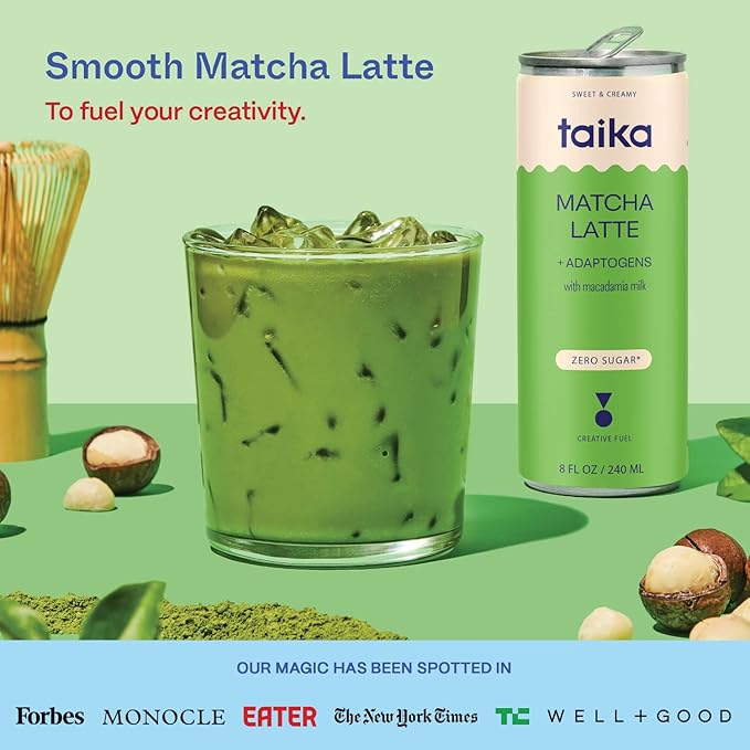 Taika Matcha Latte Iced Matcha Latte, Organic Ceremonial Grade Matcha w/Ashwagandha, 8 Fl Oz (Pack of 12))