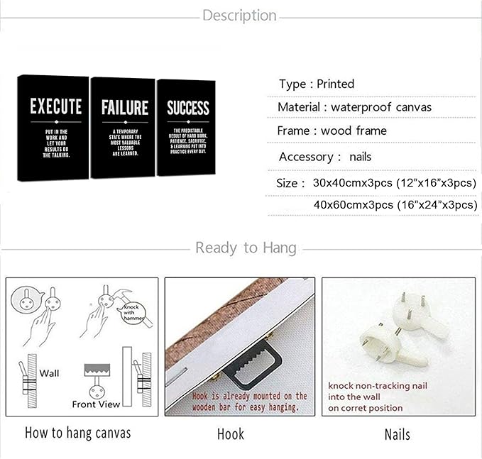 Framed Canvas Wall Art Success Quote, Office Wall Art, Black Large Poster, Positive Motivational Set of 3 Prints, Execute Failure Definition, Inspirational Print (A-3pcs,16x24inchx3pcs)