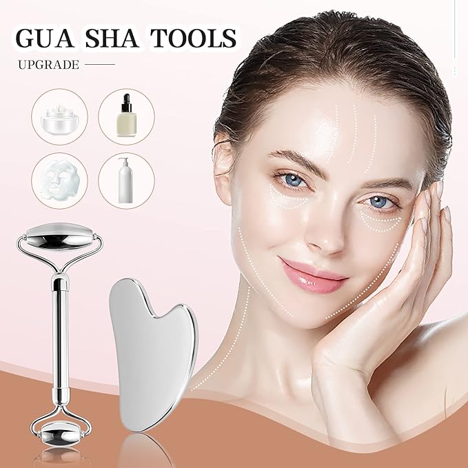 Stainless Steel Facial Roller & Gua Sha - Metallic Gua Sha, Gua Sha Facial Tools 304 Stainless Steel, Face Body Treatment, Reduce Puffiness, Lymphatic Drainage, Facial Tension