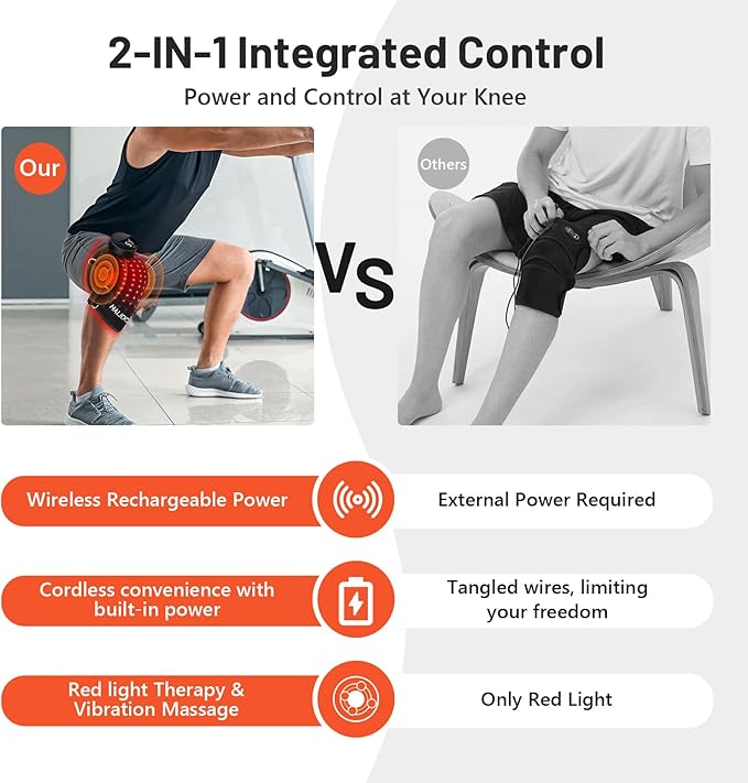 HALIDODO Red Light Therapy & Vibration Massage Knee Brace - Wireless Rechargeable Controller, 660nm&850nm Red Light Therapy Heated Device for Knee/Joint/Elbow/Shoulder Pain Relief, Black.