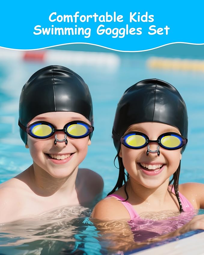 Kids Swim Goggles, Anti-fog and UV Protection with Swim Cap for Age 3-15 Youth Boys Girls Toddler
