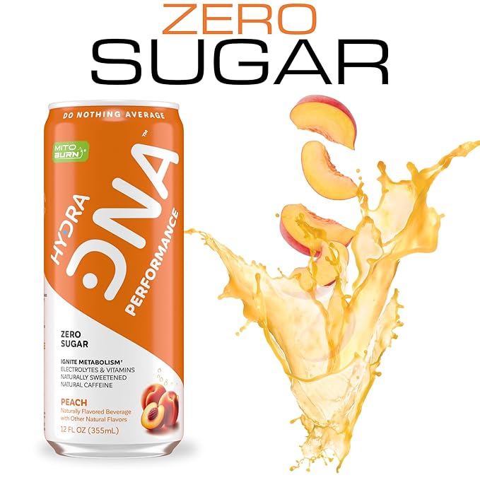 HYDRADNA- Clean Performance Drink, Zero Sugar | For Natural Fuel, Alertness, Boost, Stamina,120 mg Organic Caffeine, Natural Flavors, Zero Sucralose, Clean Ingredients (12 Pack) (12 Pack, Peach)
