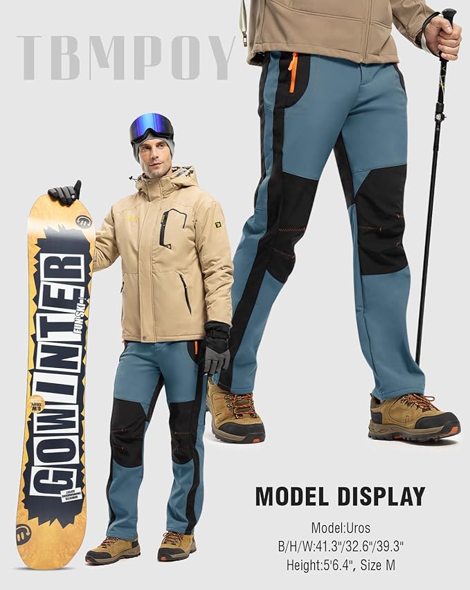 TBMPOY Men's Snow Ski Hiking Pants Waterproof Winter Fleece Lined Pants Camping Skiing Ice Fishing Pants with Belt