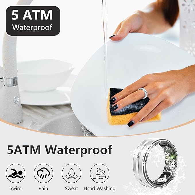 Thin Smart Ring for Fitness & Health Tracking -Heart Rate/Blood Oxygen Monitor, 5ATM Waterproof, Sleep Analysis, Pedometer -No APP Subscription Compatible with Smartphone (Silver, 8)