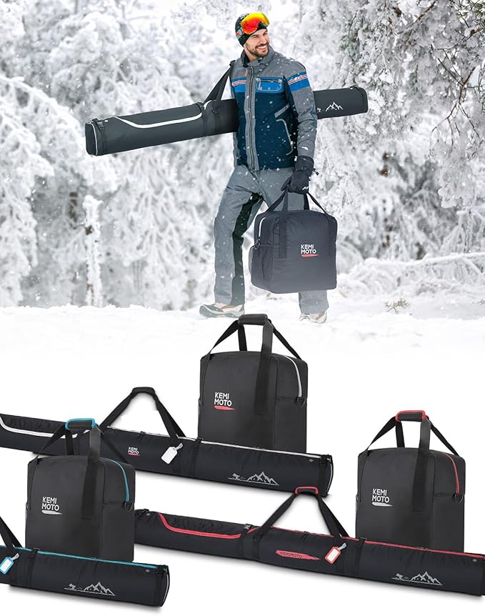 KEMIMOTO Ski Bag and Boot Bag Combo, Snowboard Bag Padded Ski Bags for Air Travel, Snow Ski Bags Fit Skis Up to 200cm, Ski Double Bag Combo