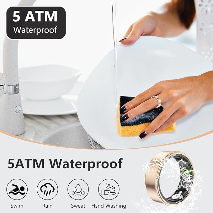 Thin Smart Ring for Fitness & Health Tracking -Heart Rate/Blood Oxygen Monitor, 5ATM Waterproof, Sleep Analysis, Pedometer -No APP Subscription Compatible with Smartphone (Rose Gold, 9)