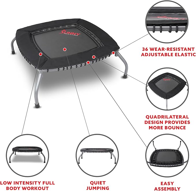 Sunny Health & Fitness Springless Mini Fitness Trampoline – Premium Adjustable Bungee-Style Indoor/Outdoor Exercise Rebounder for Quieter and Safer Workouts