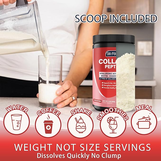 DRFOSTER Multi-Collagen-Peptide-Powder with Probiotics, 50 Servings of Hydrolyzed Collagen Peptides with Hyaluronic Acid, Biotin & Multivitamins - Supports Skin, Hair, Nails Health
