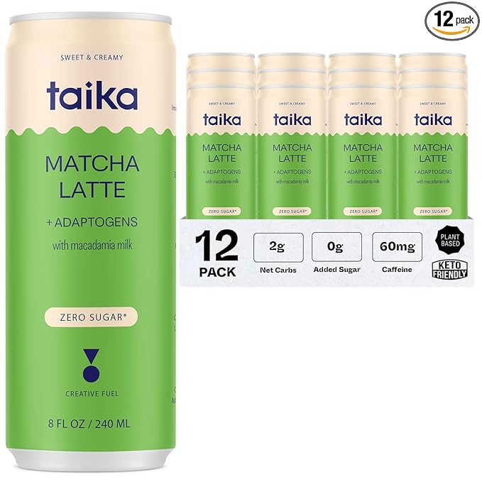 Taika Matcha Latte Iced Matcha Latte, Organic Ceremonial Grade Matcha w/Ashwagandha, 8 Fl Oz (Pack of 12))