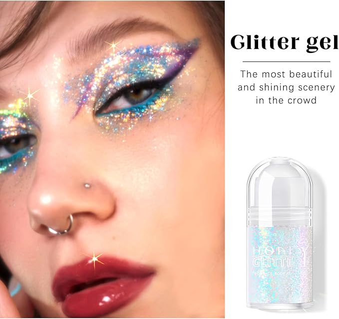 Roll-on Holographic Body Glitter Gel for Face Hair, Chameleon Color Changing Glitter Gel Under Light, Chunky Mermaid Sequins Festival Party Rave Accessories Shimmer Makeup (9# Golden Ocean)