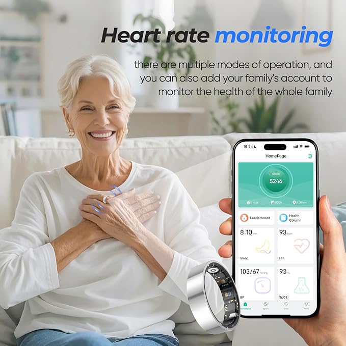 Smart Health Ring for Women & Men Fitness Tracker with Heart Rate, Blood Pressure,Blood Oxygen,Step Counting, Sleep Monitoring,IP68 Waterproof for iPhone and Android, No Subscription Fee (Silver, 7)