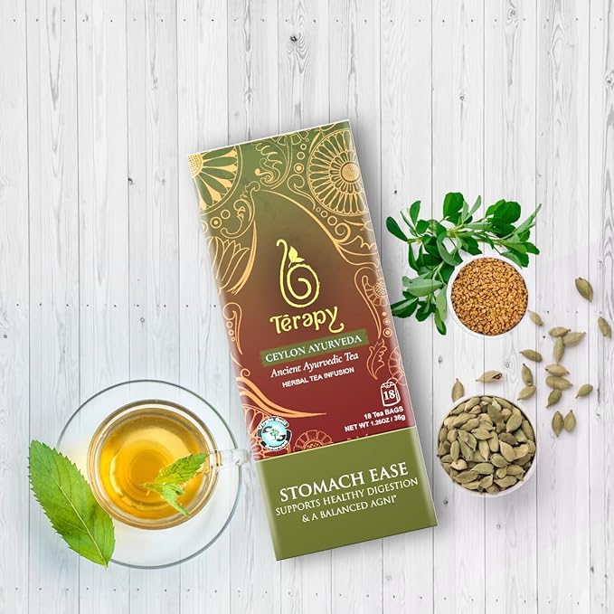 Tรฉrapy Ceylon Stomach Ease Herbal Tea Bags | Soothes Stomach & Supports Healthy Digestion | All Natural Ayurvedic Ingredients Including Peppermint, Ginger, Licorice | 18 Individually Wrapped Tea Bags