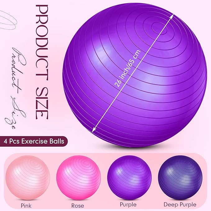 Leyndo 4 Pcs 26 Inch Yoga Exercise Ball Pilates Pregnancy Birthing Fitness Ball with Quick Pump Anti Burst for Improved Posture, Balance, Yoga, Pilates, Training