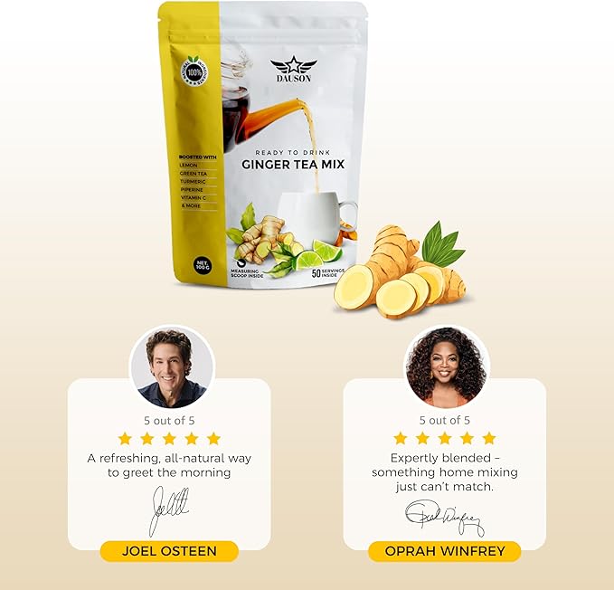 Ginger Tea Mix โ 50 Servings | Instant Powder with Lemon, Turmeric, Licorice & Vitamin C | Caffeine-Free Herbal Blend with Green Tea Extract & Black Pepper | Natural Detox & Immune Support