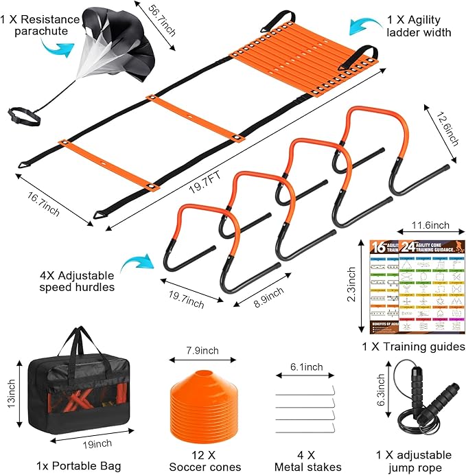Agility Speed Training Equipment Set - 20ft Speed Ladder, 12 Cones, 4 Adjustable Hurdles, Jump Rope, Parachute | Ideal for Basketball, Football, Soccer, for Kids, Youth, Adults
